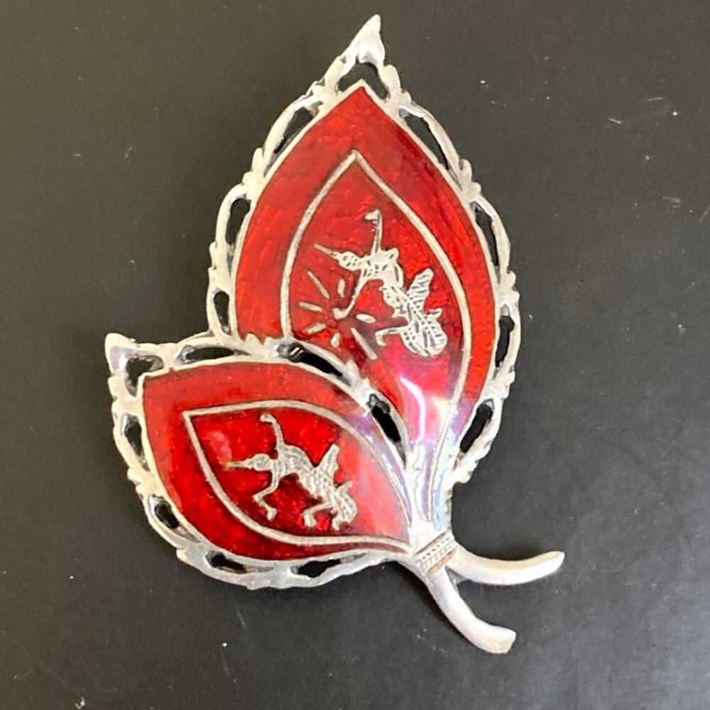 Vintage cherry red leaves brooch signed Siam Sterling